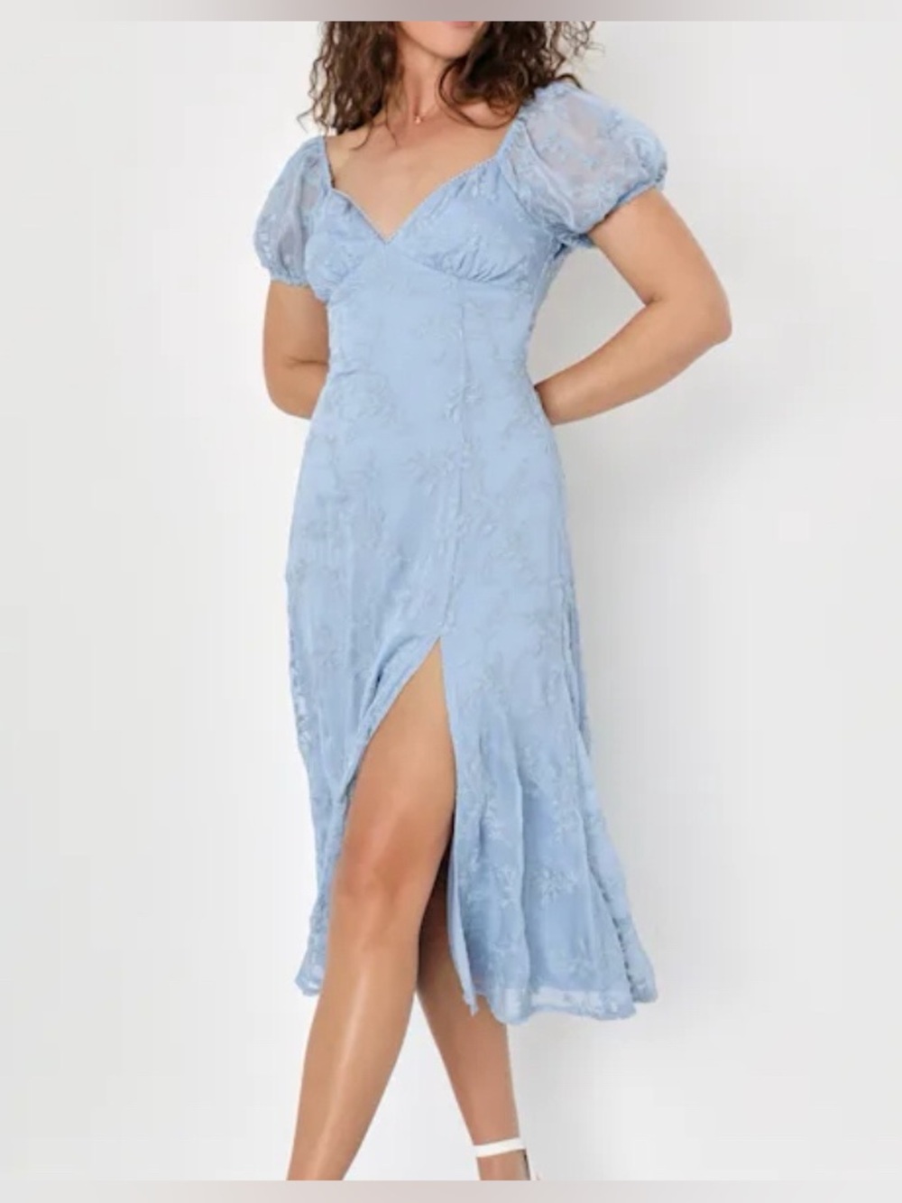 Lulu's Blue Puff-Sleeve Midi Dress with Front Slit NWOT